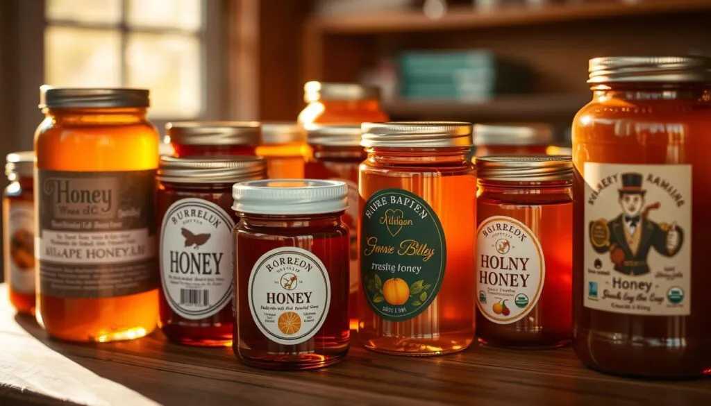 Close-up of various honey jars with different labels, arranged on a wooden table