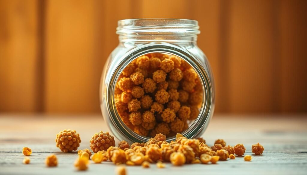 A close-up still life photograph of bee bread in a glass jar, illuminated by warm, soft natural lighting. The jar is placed on a wooden table, with a few whole bee bread pellets and pollen grains scattered around it. The focus is sharp on the jar's contents, revealing the rich, golden-brown color and textured surface of the fermented pollen. The background is blurred, creating a simple, minimalist composition that emphasizes the bee bread. The image conveys a sense of purity, health, and the artisanal quality of this natural superfood.