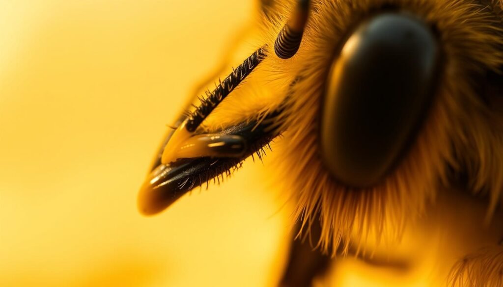A close-up view of a bee antenna, delicately poised to detect the intricate chemical signals emitted by pheromones. The antenna, with its intricate array of sensory receptors, is set against a soft, diffused background, bathed in warm, golden lighting that accentuates the textural details. The image conveys a sense of the hidden world of bee communication, where these invisible, yet potent chemical cues guide the hive's collective actions and behaviors. The focus is sharp, revealing the intricate structures that allow bees to interpret the pheromone-based language of their colony.