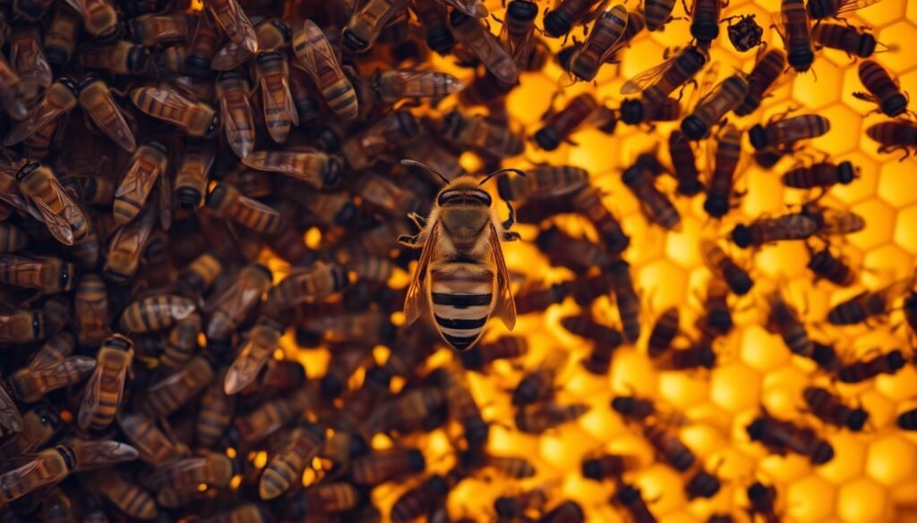 A close-up view of a beehive interior, bathed in soft, golden light. In the center, a majestic queen bee, surrounded by a swarm of worker bees. The workers move with purpose, their antennae twitching, sensing the pheromones emitted by the queen. In the background, the intricate honeycomb structure, with its hexagonal cells, creates a mesmerizing pattern. The scene conveys a sense of harmony and interdependence, as the colony responds to the queen's subtle signals, guiding their collective behavior and morale.