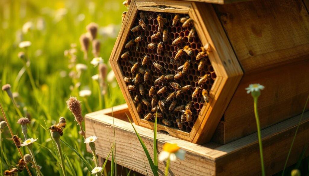 A close-up view of a beehive monitoring station in a lush, green meadow. The hive is situated on a wooden stand, surrounded by wildflowers and tall grass. The camera focuses on the intricate hexagonal structure of the hive, capturing the busy activity of the bees as they enter and exit the hive. The lighting is soft and natural, creating a warm, golden glow that highlights the honey-colored tones of the wood and the bees' bodies. The scene conveys a sense of scientific observation and environmental harmony, perfectly suited to illustrate the "Evaluation metrics and analysis" section of the article.