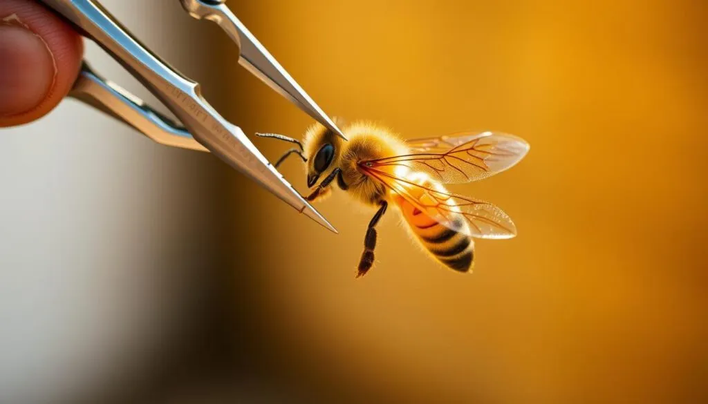 A close-up view of a beekeeper's hand carefully clipping the wings of a docile honeybee queen, with a pair of small scissors. The queen is held gently between the thumb and forefinger, her intricate wing structure and delicate body on full display. The background is blurred, with a soft, natural lighting that casts a warm, golden tone, emphasizing the serene, meticulous nature of the task. The image conveys the importance and sensitivity of this practice, which is often debated for its ethical implications in maintaining a healthy, productive hive.