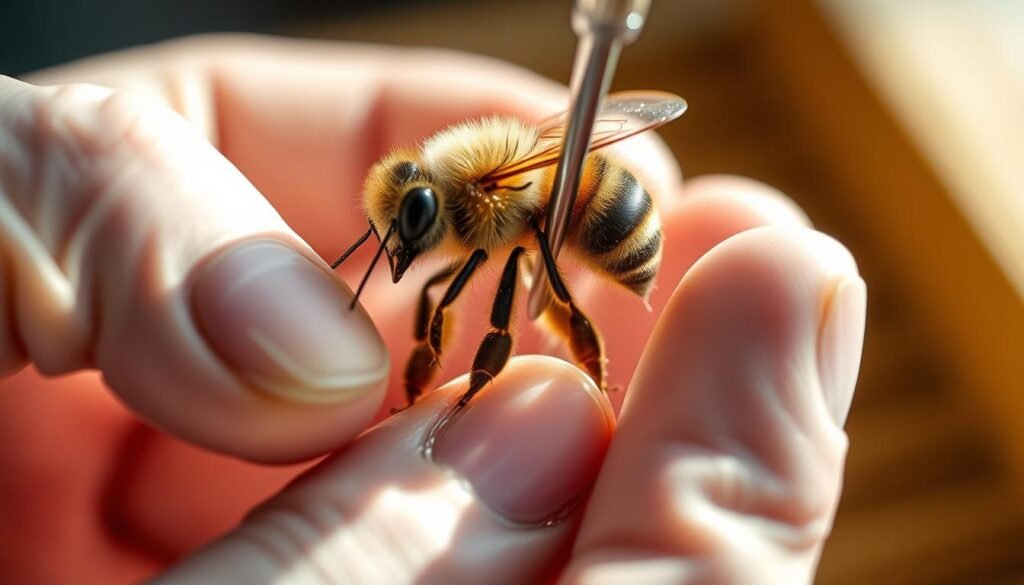 A close-up view of a beekeeper's hand gently holding a queen bee, with a specialized instrument carefully inserted into the bee's abdomen to facilitate artificial insemination. The scene is illuminated by soft, natural lighting, creating a sense of delicacy and precision. The background is blurred, allowing the focus to remain on the intricate procedure being performed. The composition and angle suggest the care and expertise required for this crucial step in queen breeding programs.