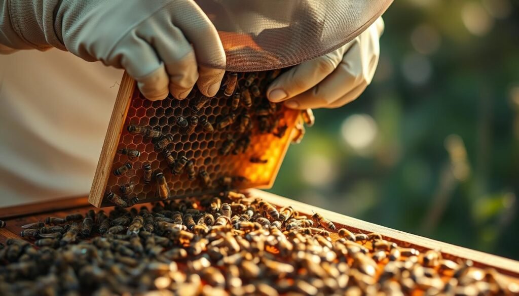 A close-up view of a beekeeper's hands carefully inspecting a honeycomb, surrounded by worker bees busily tending to the hive. The beekeeper wears a protective suit, veil, and gloves, showcasing best practices for safely interacting with the colony. The hive is set against a soft, blurred background, with natural lighting casting a warm, golden glow over the scene. The overall atmosphere conveys a sense of reverence and respect for the vital role of bees in the ecosystem.