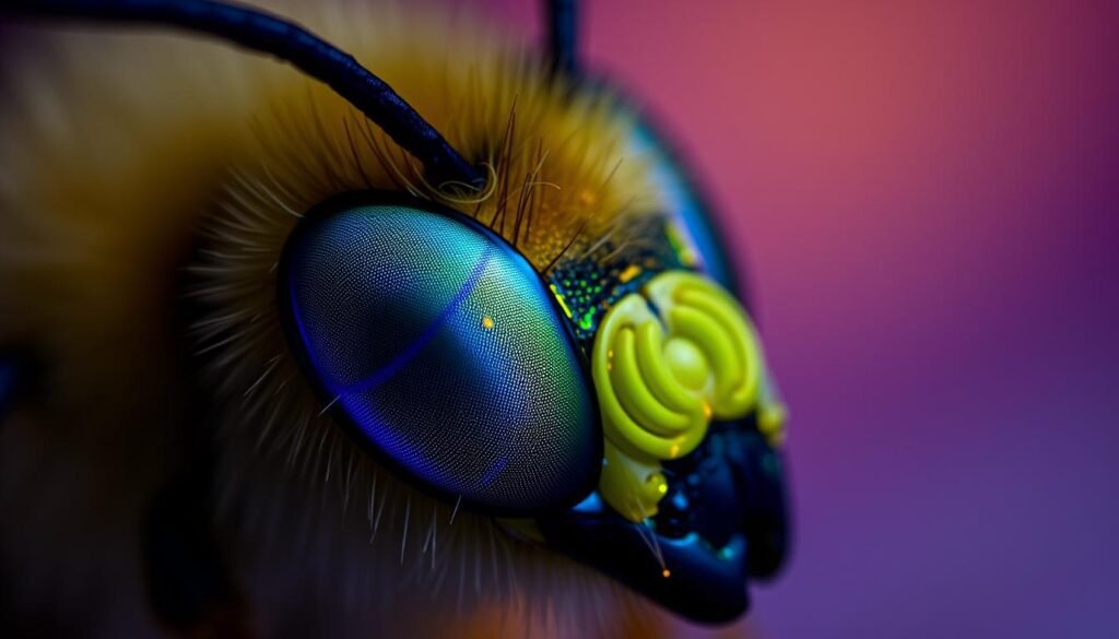 A close-up view of a bee's compound eye, illuminated by ultraviolet light, revealing intricate patterns and structures invisible to the human eye. The bee's eye is sharply in focus, with a vibrant, iridescent appearance. The background is hazy and out of focus, creating a dreamlike, ethereal atmosphere. The lighting is soft and diffuse, emphasizing the delicate details of the bee's eye. The composition is tightly framed, drawing the viewer's attention to the fascinating world of a bee's visual perception.