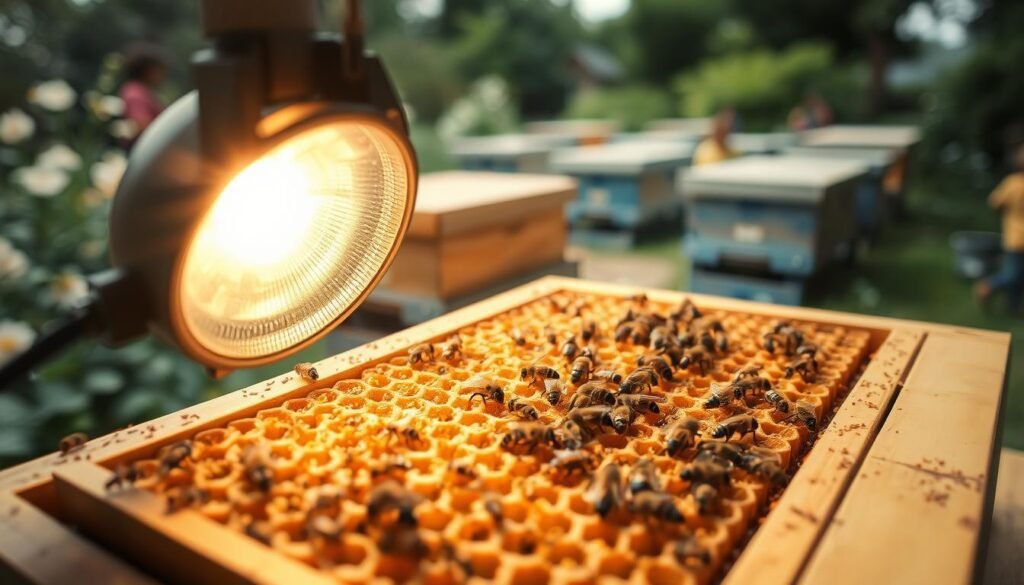 A close-up view of a bright inspection light illuminating a detailed brood frame in an apiary setting. In the foreground, the inspection light casts a warm, focused glow, revealing the intricate patterns of bee cells filled with honey and larvae. The middle ground features a well-maintained wooden brood frame, showcasing healthy brood and busy worker bees. The background shows a softly blurred scene of a lush green garden with flowers and beehives, enhancing a sense of tranquility. Soft, diffuse lighting emphasizes the natural beauty of the bees and their environment, creating an atmosphere of calmness and diligence. Use a shallow depth of field to draw attention to the inspection light and brood frame, ensuring clarity and focus on the important details.
