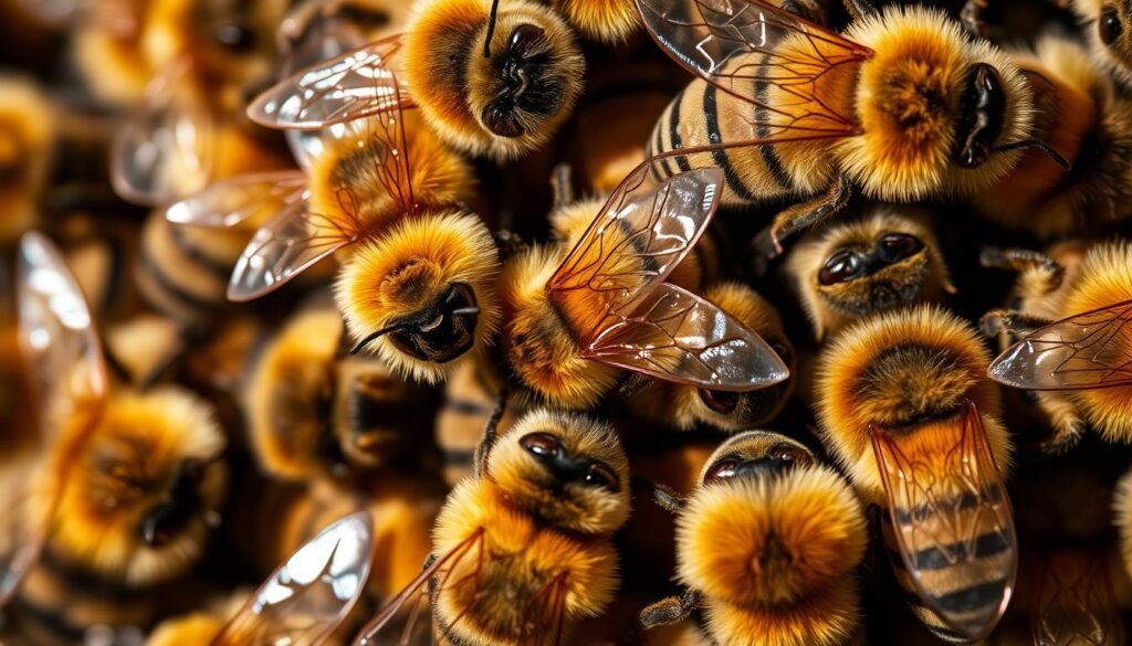 A close-up view of a cluster of honeybees huddled together, their bodies tightly packed to conserve heat and regulate their hive's temperature. The bees' wings are tucked in, their legs interlocked, creating a warm, insulating layer. The image is shot with a macro lens, emphasizing the intricate textures and patterns of the bees' fuzzy exoskeletons. The lighting is soft and diffused, casting subtle shadows that accentuate the depth and three-dimensionality of the scene. The background is blurred, keeping the focus on the bees' heat-conserving behavior, which is the central subject of this image.