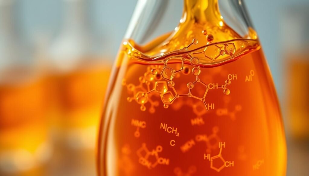 A close-up view of a glass beaker filled with a golden, viscous liquid representing nectar. The liquid is illuminated from the side, casting a warm, amber glow and highlighting the intricate molecular structure of the nectar's amino acids. The background is blurred, creating a sense of depth and focus on the central subject. The lighting is soft and diffuse, evoking a scientific laboratory setting. The composition is balanced and symmetrical, emphasizing the scientific nature of the scene.