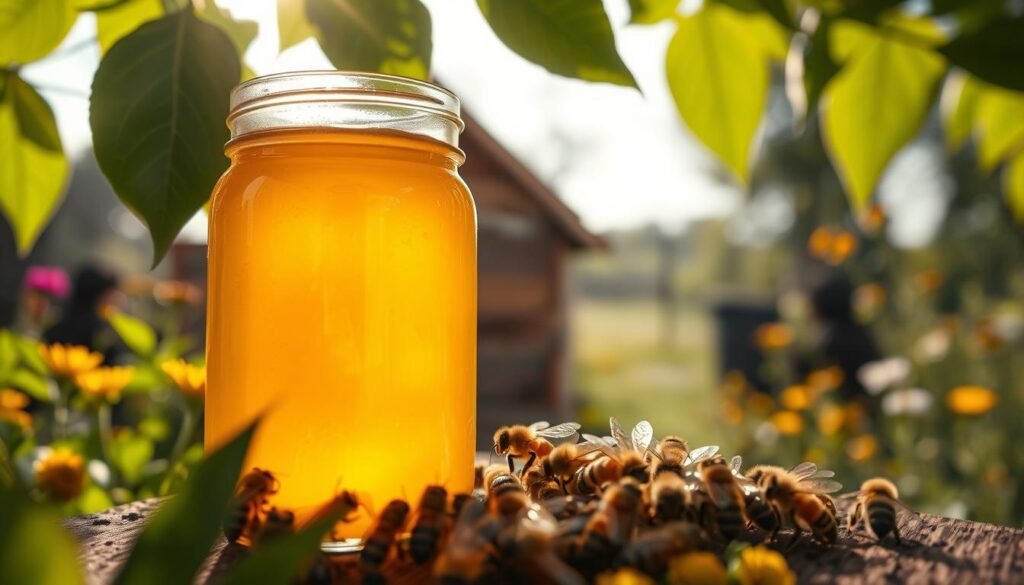 A close-up view of a glass jar of sugar syrup, richly golden and glistening under soft, warm sunlight filtering through lush green leaves. In the foreground, depict bees busily gathered around the jar, their delicate wings catching the light as they feed. The middle ground features a rustic, wooden hive with vibrant wildflowers around it, creating a natural setting. The background transitions into a blurred garden scene, adding depth and tranquillity to the image. Capture the inviting warmth and nurturing atmosphere of the environment, with warm highlights and gentle shadows that suggest a peaceful moment in nature. The composition should convey a sense of support and care for bees during a nectar dearth.