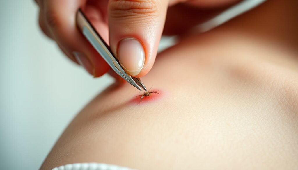 A close-up view of a hand gently removing the stinger from a bee sting on a person's skin. The skin appears slightly reddened and swollen. The hand is holding a pair of tweezers, delicately gripping the stinger and carefully extracting it. The background is blurred, keeping the focus on the precise, meticulous procedure. Soft, natural lighting illuminates the scene, creating a soothing and reassuring atmosphere. The image conveys a sense of care, attention, and the immediate relief that comes with properly removing a bee sting. A close-up view of a hand gently removing the stinger from a bee sting on a person's skin. The skin appears slightly reddened and swollen. The hand is holding a pair of tweezers, delicately gripping the stinger and carefully extracting it. The background is blurred, keeping the focus on the precise, meticulous procedure. Soft, natural lighting illuminates the scene, creating a soothing and reassuring atmosphere. The image conveys a sense of care, attention, and the immediate relief that comes with properly removing a bee sting.