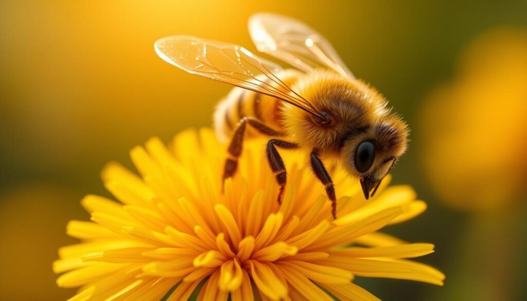 A close-up view of a healthy honeybee, wings outstretched, gracefully perched on a vibrant yellow dandelion flower. The bee's compound eyes glimmer with life, its fuzzy abdomen gently swaying as it collects nectar. Soft, warm lighting from above bathes the scene in a golden glow, highlighting the intricate patterns on the bee's striped body. The background is blurred, focusing the viewer's attention on the delicate balance of this pollinator and the vital role it plays in the ecosystem. The image conveys the wonder and importance of bee health, a critical factor in understanding the complex challenges facing bee colonies today.
