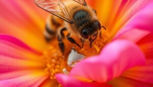 A close-up view of a honey bee extracting nectar from a vibrant, multi-colored flower