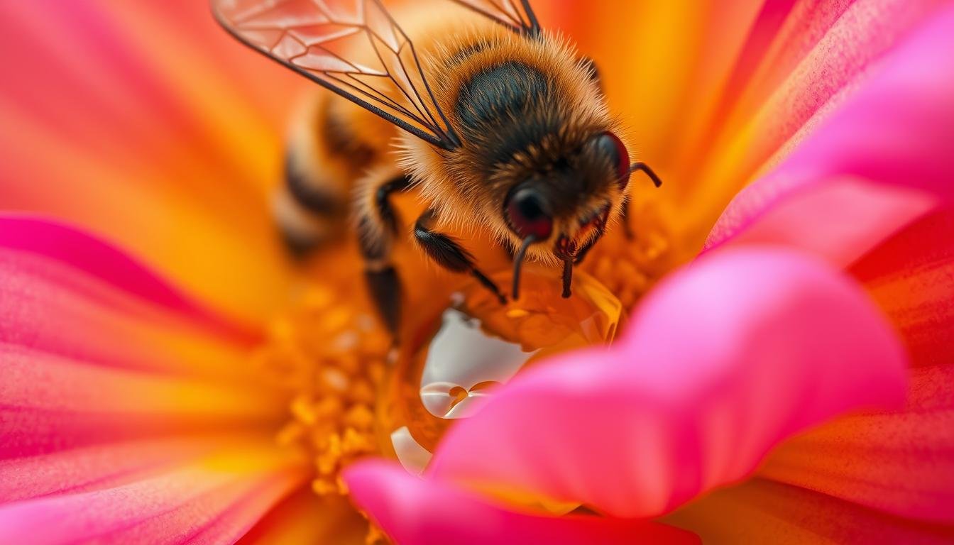 A close-up view of a honey bee extracting nectar from a vibrant, multi-colored flower
