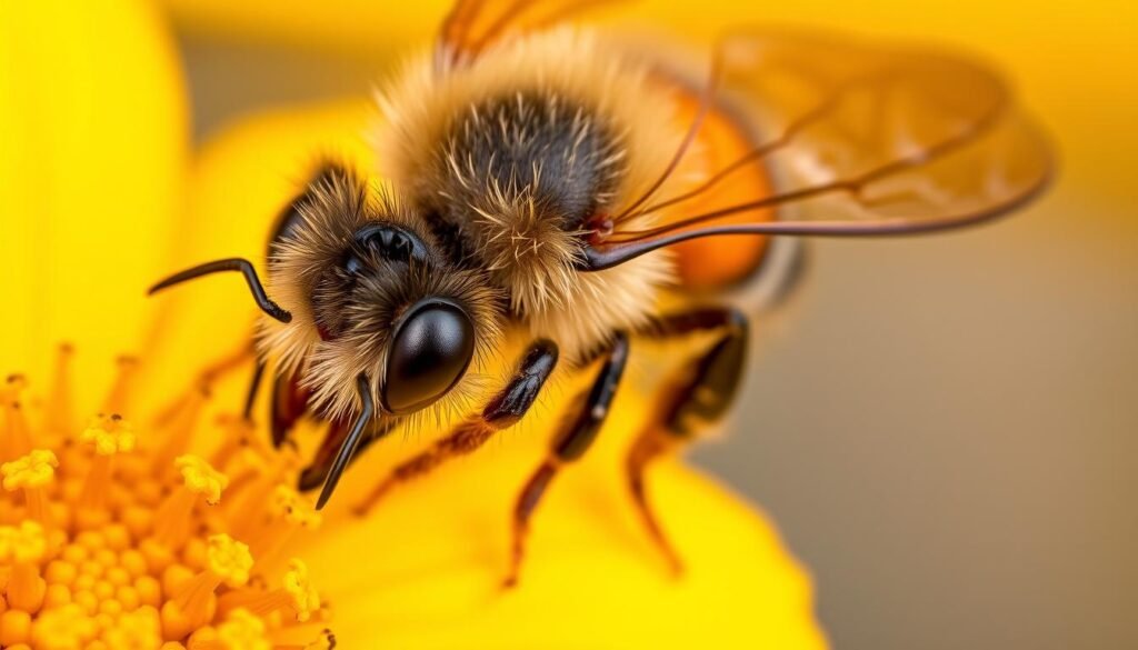 A close-up view of a honey bee foraging on a vibrant yellow flower, its legs and abdomen dusted with pollen grains. The bee's compound eyes glisten in the warm, soft lighting, capturing its focused determination as it collects the precious nectar and pollen. The flower's petals are rendered in delicate, lifelike detail, their vibrant hues contrasting with the bee's fuzzy black and yellow body. The background is blurred, emphasizing the bee's industrious task, set against a subtly textured, natural environment. The overall scene conveys the industrious and essential nature of pollen foraging, a critical aspect of the bee's role in pollination and the brood pheromone cycle.