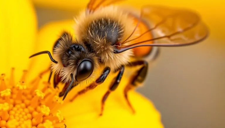 A close-up view of a honey bee foraging on a vibrant yellow flower, its legs and abdomen dusted with pollen grains