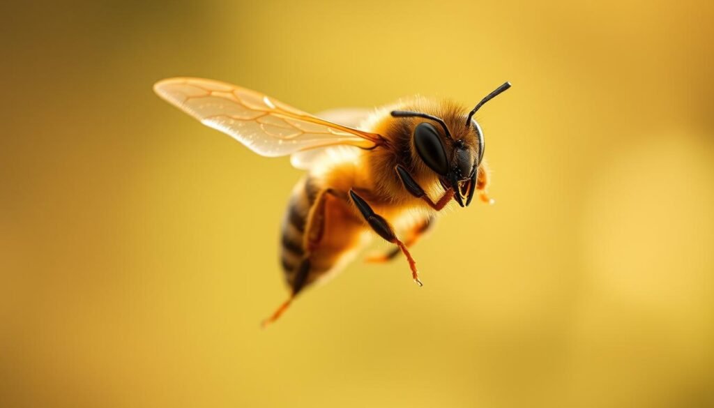 A close-up view of a honey bee in mid-flight, its body glowing with an electric field. The bee's wings are outstretched, creating a dynamic, almost ethereal composition. The background is a soft, hazy blur, allowing the viewer to focus on the intricate details of the insect's anatomy. The lighting is warm and diffuse, casting a subtle highlight on the bee's fuzzy abdomen and legs. The angle is slightly elevated, giving a sense of the bee's power and grace as it navigates the electromagnetic forces surrounding it. The overall mood is one of scientific wonder and natural beauty. A close-up view of a honey bee in mid-flight, its body glowing with an electric field. The bee's wings are outstretched, creating a dynamic, almost ethereal composition. The background is a soft, hazy blur, allowing the viewer to focus on the intricate details of the insect's anatomy. The lighting is warm and diffuse, casting a subtle highlight on the bee's fuzzy abdomen and legs. The angle is slightly elevated, giving a sense of the bee's power and grace as it navigates the electromagnetic forces surrounding it. The overall mood is one of scientific wonder and natural beauty.