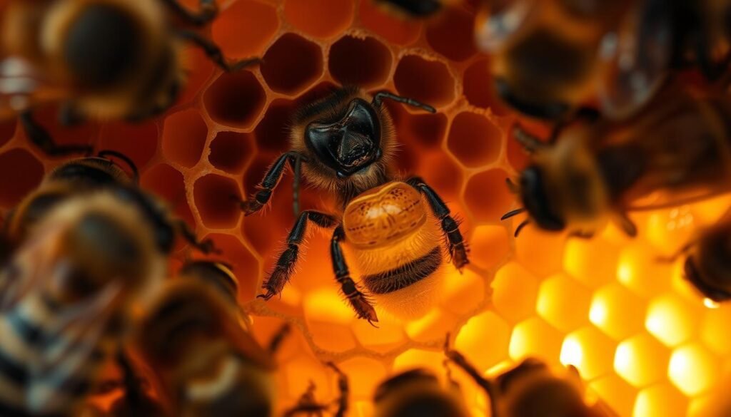 A close-up view of a honey bee queen being reared in her cell, surrounded by worker bees tending to her. The scene is bathed in a warm, golden light, highlighting the intricate details of the queen's body and the delicate comb structure. The worker bees appear diligently engaged in their duties, their mandibular glands secreting essential compounds to nurture the developing queen. The image conveys a sense of harmony and cooperation within the hive, reflecting the importance of queen quality and developmental plasticity in the organization and function of the colony.