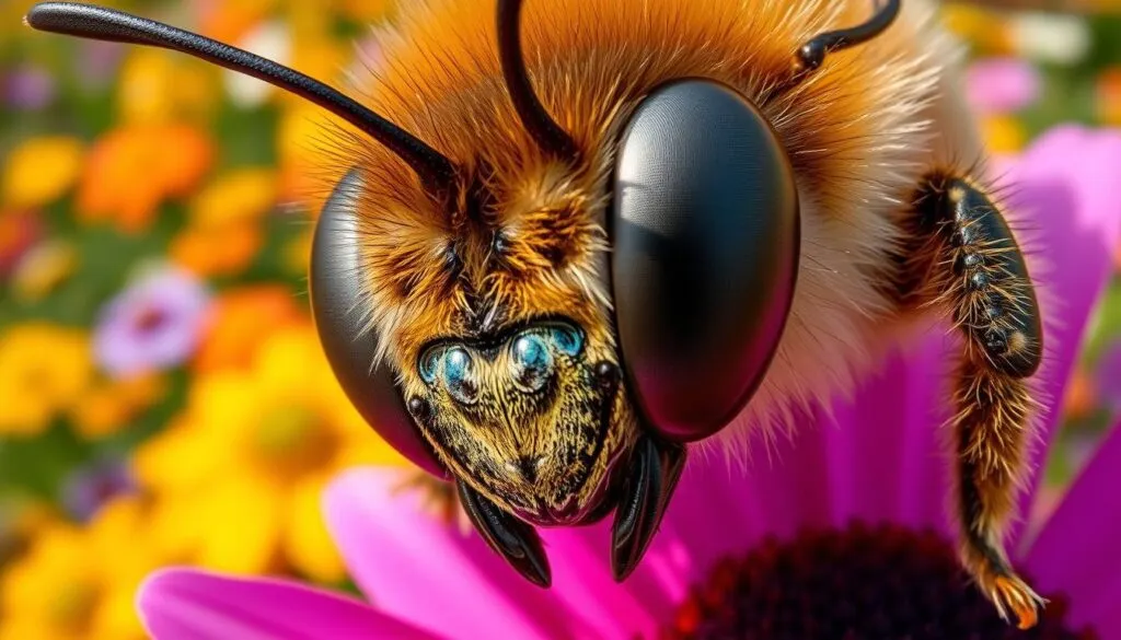 A close-up view of a honey bee's compound eyes, with a vibrant field of flowers in the background