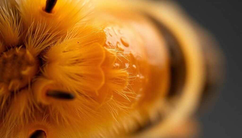 A close-up view of a honey bee's cuticle, showcasing the intricate network of cuticular hydrocarbons that emit a distinct chemical scent. The surface is magnified, revealing the subtle sheen and contours of the exoskeleton. Hues of amber and gold predominate, creating a warm, earthy palette. Soft, diffused lighting casts gentle shadows, emphasizing the textural details. The overall composition conveys a sense of scientific examination, highlighting the importance of these chemical cues in the complex social dynamics of the hive.