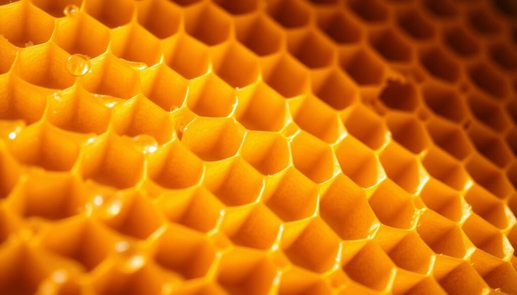 A close-up view of a honey comb, showcasing the intricate process of honey maturation. The comb is illuminated by soft, warm lighting, casting a golden glow on the hexagonal wax cells. In the foreground, translucent droplets of fresh, unripened honey can be seen beading on the cell walls. The middle ground reveals partially capped cells, where the honey has thickened and the bees have begun sealing the cells with delicate wax. In the background, fully capped cells demonstrate the final stage of the maturation process, with the honey having reached its optimal consistency and the cells sealed tight to preserve the precious nectar. The overall scene conveys a sense of natural, organic wonder, highlighting the intricate workings of the beehive and the remarkable transformation of nectar into the golden, nourishing substance we know as honey.