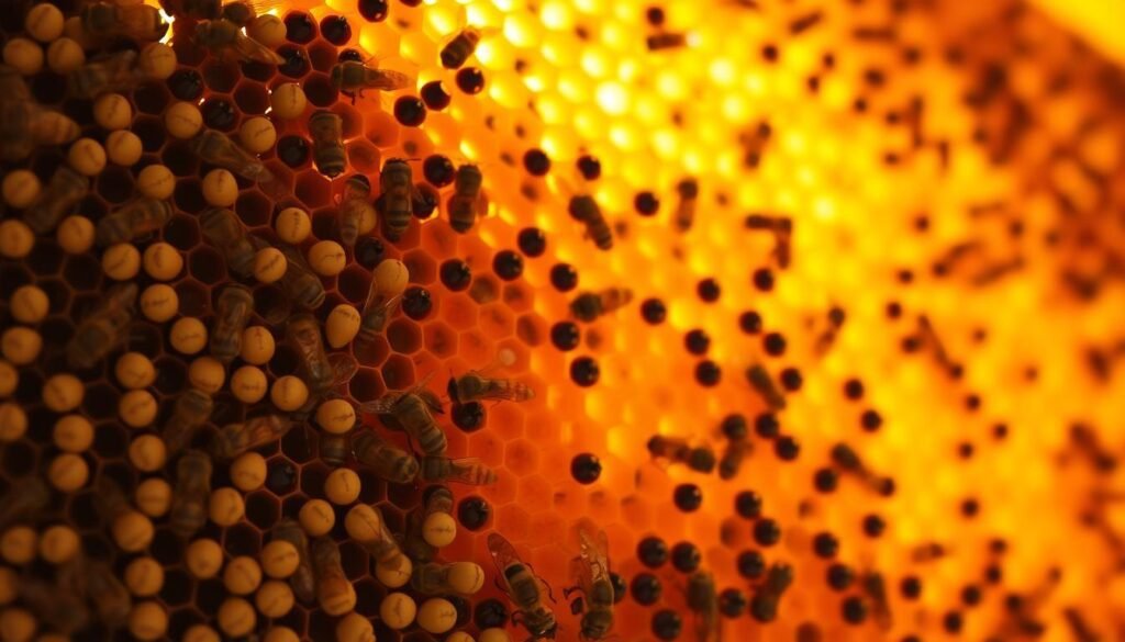 A close-up view of a honeybee brood nest, showing a vibrant tapestry of capped and uncapped cells. The frame is illuminated by natural light from above, casting warm, soft shadows that accentuate the intricate patterns of the honeycomb structure. The foreground features a tight cluster of cells, some with visible pupae or larvae, while the middle ground reveals the gradual transition to the older, capped cells. The background fades into a soft, blurred haze, allowing the viewer to focus on the detailed, textural elements of the nest. The overall scene conveys a sense of order, productivity, and the natural rhythm of the hive.