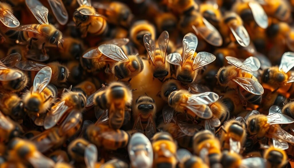 A close-up view of a honeybee colony, with worker bees swarming around an active mandibular gland pheromone source. The bees are in a state of heightened activity, their bodies angled and wings in motion, responding to the chemical signals. The scene is illuminated by a warm, soft light, casting gentle shadows and highlighting the intricate textures of the bees' chitinous exoskeletons. The background is blurred, keeping the focus on the dynamic retinue response unfolding in the foreground. The overall mood conveys the scientific curiosity and wonder of observing this complex, yet essential, aspect of hive organization.