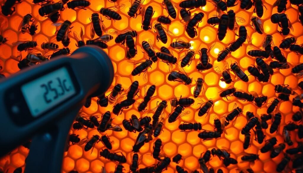 A close-up view of a honeycomb interior, illuminated by warm, golden lighting that casts a soft, ambient glow. The intricate, hexagonal cells are bustling with activity, as worker bees move in and out, their bodies glistening with sweat. The air is thick with the hum of their wings, creating a palpable sense of temperature and energy. In the foreground, a digital thermometer displays the precise temperature reading, highlighting the crucial role of monitoring heat stress in the hive. The overall composition conveys a sense of urgency and the need to understand the delicate balance of the bee colony's environment.