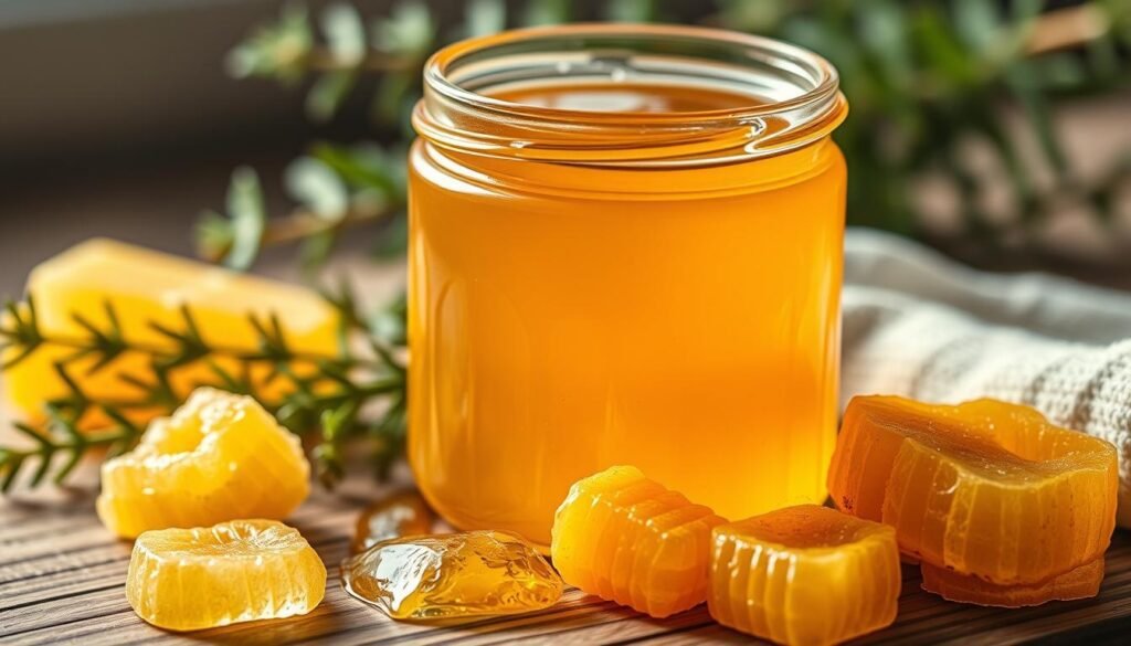 A close-up view of a jar of golden raw honey, glistening and viscous, positioned on a wooden table. Surrounding the jar are fresh honeycomb pieces, their hexagonal patterns highlighted, creating a sense of natural abundance. In the background, soft green herbs like thyme and rosemary are gently blurred, suggesting their use in natural remedies. Soft, warm lighting enhances the glow of the honey, casting delicate shadows that evoke a cozy, inviting atmosphere. The entire scene is framed from a slightly elevated angle, emphasizing the textures of the honey and honeycomb, conveying an essence of health and wellness, while illustrating the antibacterial and antifungal properties of raw honey in a serene, organic environment.