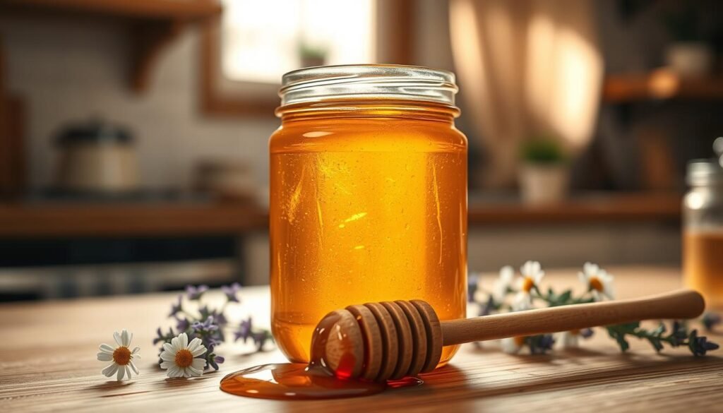 A close-up view of a jar of golden raw honey, glistening with a rich, transparent texture, resting on a wooden table. Surrounding the jar are delicate floral elements, including lavender and chamomile, symbolizing natural ingredients that support digestive health. In the background, softly blurred, is a warm kitchen scene with gentle sunlight filtering through a window, creating a cozy ambience. A wooden honey dipper rests beside the jar, dripping honey to evoke its sweetness. The overall mood should reflect warmth and healthiness, highlighting the concept of honey as a natural prebiotic, with a focus on organic textures and colors. Use soft, diffused lighting to enhance the inviting atmosphere.