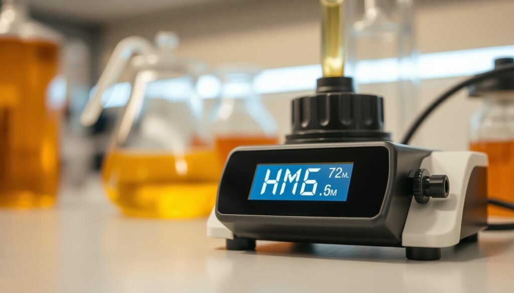 A close-up view of a laboratory apparatus displaying the HMF (Hydroxymethylfurfural) indicator, a chemical measurement used to assess the quality and freshness of honey. The instrument is positioned on a clean, neutral-colored surface, illuminated by soft, indirect lighting that highlights the intricate details of the device. The foreground focuses on the indicator's digital display, showcasing the numerical HMF values against a sleek, modern interface. The middle ground includes additional glassware and scientific equipment, suggesting a professional, research-oriented setting. The background is slightly blurred, maintaining the emphasis on the HMF indicator as the central subject.