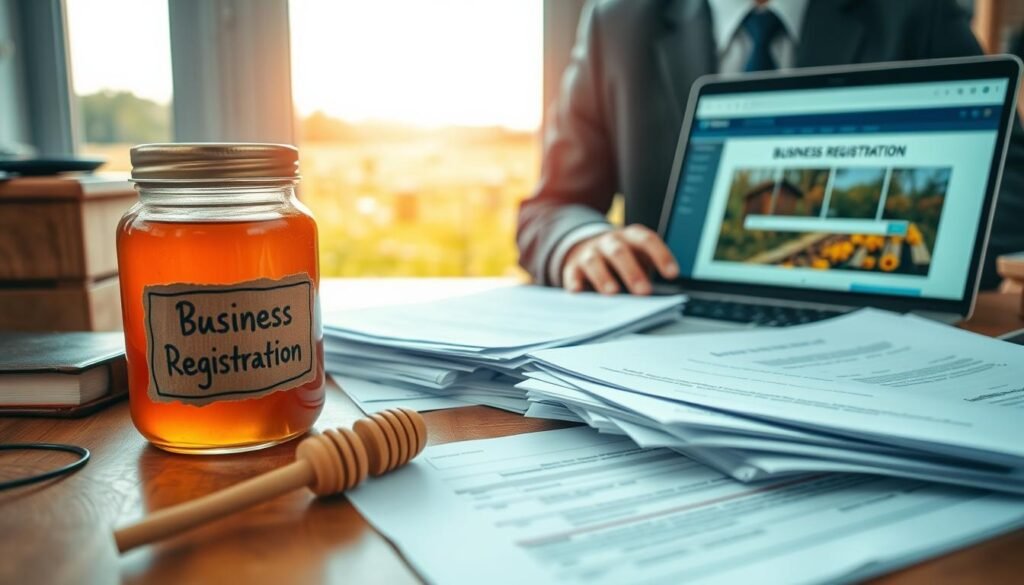 A close-up view of a person in a professional business suit, seated at a wooden desk cluttered with paperwork related to registering a honey business. The foreground features a honey jar adorned with a rustic label and a dipper beside it. In the middle, stacks of registration forms and a laptop displaying a webpage titled "Business Registration" are visible. In the background, a sunlit window reveals a serene countryside landscape with blooming flowers and beehives. Soft, natural lighting creates a warm and inviting atmosphere. The camera angle is slightly tilted from above, emphasizing the connection between nature and commerce while promoting a sense of professionalism and diligence.
