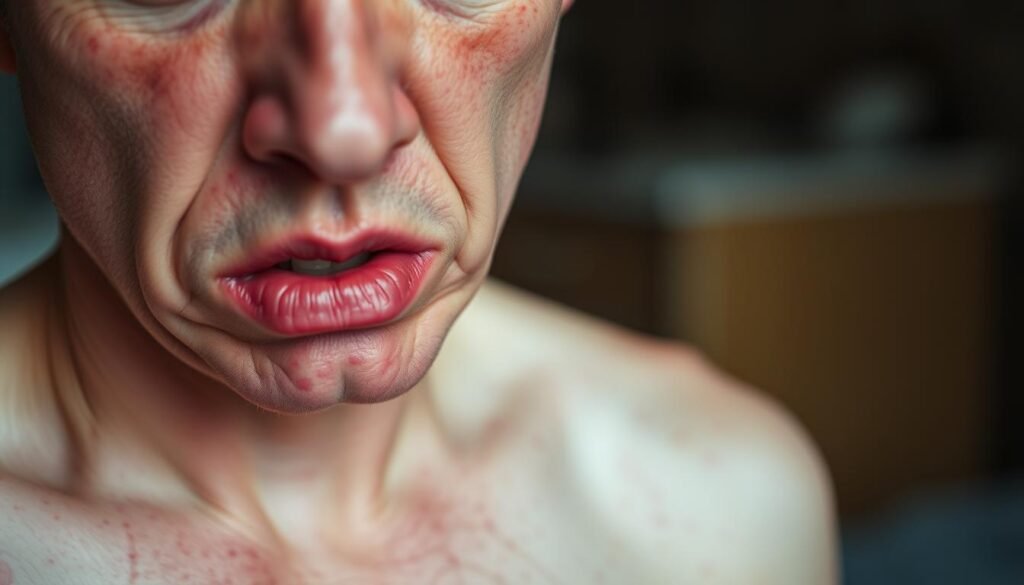 A close-up view of a person's face and upper body, showing the visible signs of anaphylaxis - swollen lips, redness, and hives on the skin. The face has a concerned, pained expression, conveying the urgent need for medical intervention. The background is blurred and slightly out of focus, placing the emphasis on the subject's distressed physiological state. The lighting is soft and natural, creating a sense of immediacy and authenticity. The image is captured from a slightly elevated angle, creating a sense of vulnerability and the need for prompt treatment. A close-up view of a person's face and upper body, showing the visible signs of anaphylaxis - swollen lips, redness, and hives on the skin. The face has a concerned, pained expression, conveying the urgent need for medical intervention. The background is blurred and slightly out of focus, placing the emphasis on the subject's distressed physiological state. The lighting is soft and natural, creating a sense of immediacy and authenticity. The image is captured from a slightly elevated angle, creating a sense of vulnerability and the need for prompt treatment.