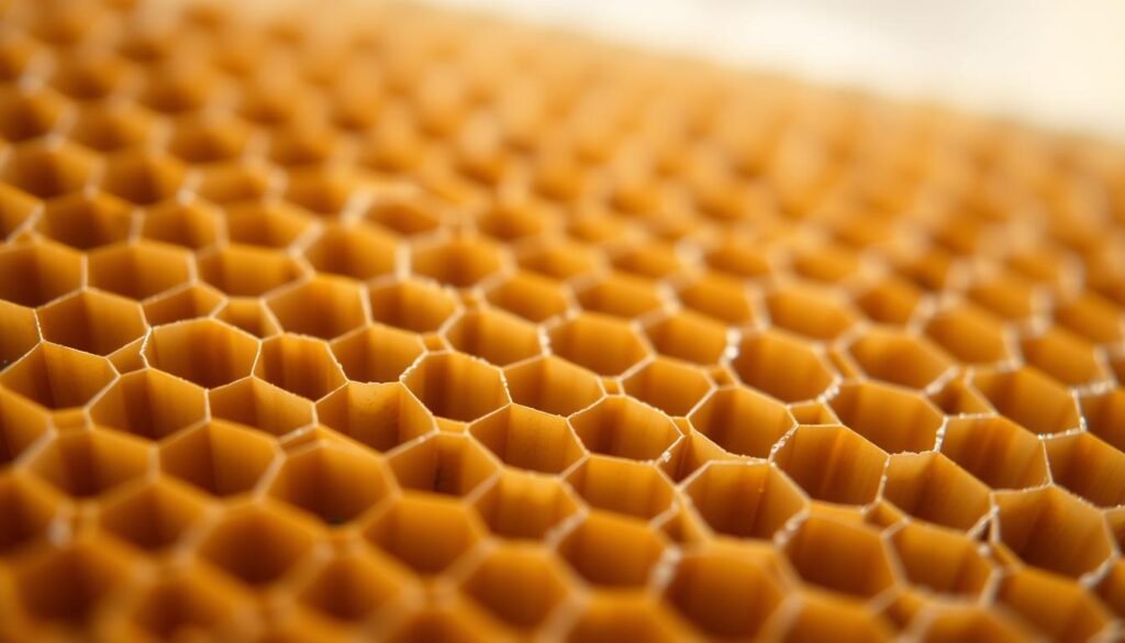 A close-up view of a pristine honeycomb, its hexagonal cells glistening under soft, diffused lighting. The intricate structure is the focal point, with a shallow depth of field that blurs the background into a hazy, out-of-focus backdrop. The comb appears fresh and untouched, showcasing the skilled craftsmanship of the industrious bees. Subtle shadows accentuate the depth and texture of the wax, giving the image a sense of three-dimensionality. The overall mood is one of order, precision, and the remarkable engineering prowess of the hive.