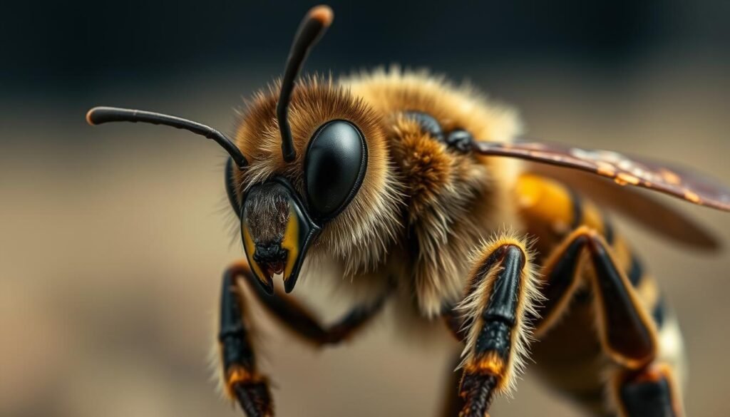 A close-up view of a stressed queen honey bee, her wings tattered and body showing signs of weathering. The foreground depicts her compound eyes, antennae, and face with a worried expression. The middle ground reveals her abdomen, thorax, and legs, each segment bearing the marks of environmental stressors like pesticides and pathogens. The blurred background suggests an ominous, hazy landscape, conveying the sense of a diminished colony. The lighting is soft and diffused, creating a somber, melancholic mood. The image is captured with a macro lens, emphasizing the intricate details of the queen's deteriorating form.