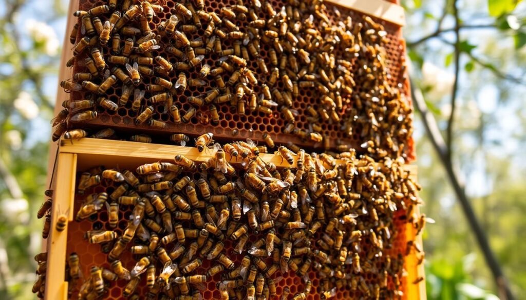A close-up view of a vibrant beehive in May, showcasing two stacked hive supers filled with busy honey bees, with some bees actively working on brood cells in the lower brood chamber. In the foreground, bees are clustering around the honeycomb, highlighting the intricate hexagonal patterns. The middle layer features additional hive bodies, rich with yellow and black bees, while the background includes soft-focus greenery of spring flowers and trees, reflecting peak growth. The sunlight filters through the leaves, casting a warm, golden glow over the scene, creating an uplifting and industrious atmosphere. Capture this image from a slightly elevated angle to emphasize the hive structure and activity.