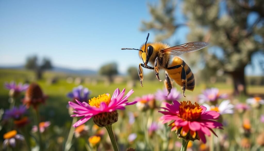 A close-up view of an Apis mellifera, the Western honeybee, highlighted in a natural setting. The bee is depicted in vibrant detail, showcasing its intricate yellow and black striped body and delicate translucent wings, with pollen grains visible on its legs. In the foreground, a colorful array of wildflowers adds a burst of color, reflecting the diverse flora of Greece. Transitioning to the middle ground, a subtle blur of green fields and bee hives can be seen, hinting at the landscape of a typical Greek apiary. The background features a soft-focus of ancient olive trees under a bright blue sky, enhancing the Mediterranean atmosphere. The lighting is warm and golden, suggesting a sunny day, evoking a sense of serenity and productivity.