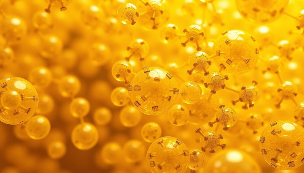 A close-up view of an intricate network of beeswax solid lipid nanoparticles (SLNs) under high magnification. The SLNs are suspended in a clear, golden-hued liquid medium, creating a visually striking and scientifically compelling composition. The lighting is soft and diffused, highlighting the delicate, spherical structures of the SLNs and their intricate internal architecture. The camera angle is slightly tilted, adding depth and dimensionality to the image. The overall mood is one of scientific curiosity and the promise of unlocking the bioactive compounds within beeswax for innovative nutrient delivery applications.