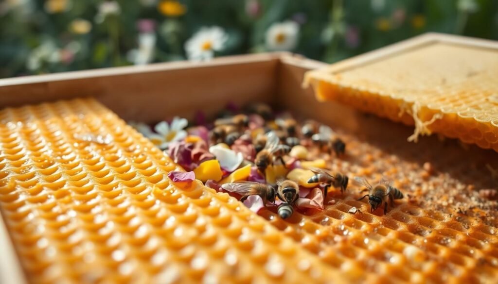 A close-up view of an open bait box filled with frames of honeycomb, showing detailed textures of the comb cells glistening with honey. In the foreground, focus on the natural golden color of the beeswax and the rich amber hue of the honey within the comb. The middle layer features an assortment of safe attractants, such as flower petals and small pieces of fruit, arranged artfully. In the background, a soft-focus garden scene with flowering plants hints at an inviting environment for bees. Soft, natural lighting bathes the scene, creating a warm and inviting atmosphere. The image should capture a sense of tranquility and harmony with nature, emphasizing the importance of enticing bees to a new hive.
