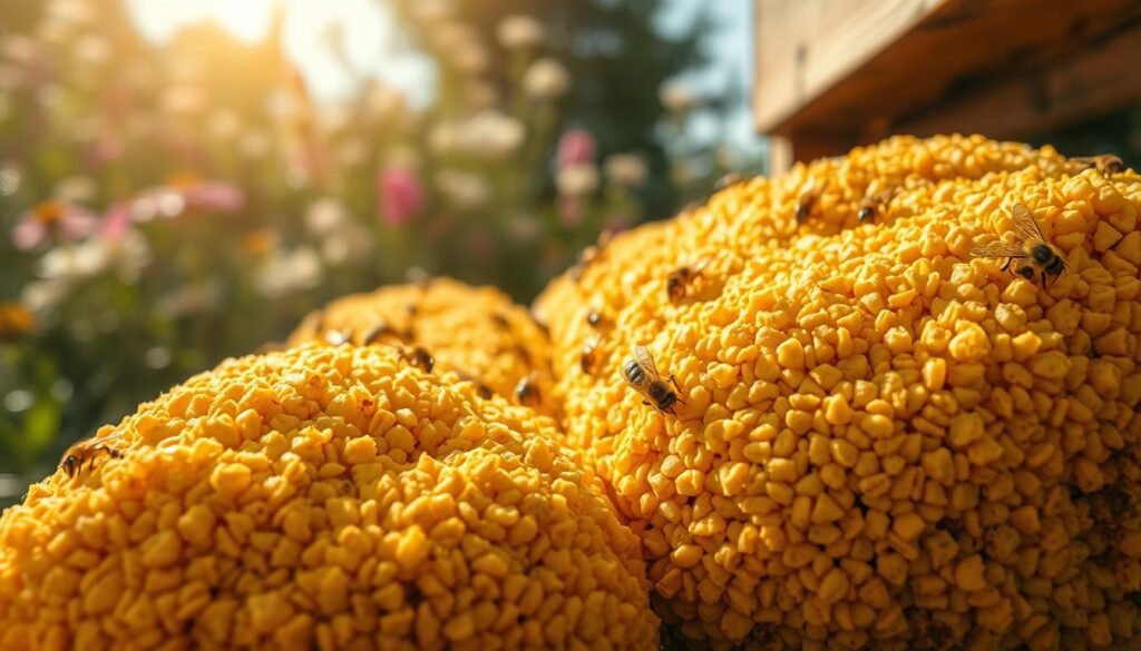 A close-up view of bee bread stored in a rustic wooden hive, showcasing the textured, yellowish-brown clusters filled with pollen and honey. In the foreground, the intricate details of the bee bread are highlighted, displaying its grainy texture and vibrant colors. The middle ground features bees busily working around the hive, emphasizing the natural process of production and storage. In the background, a soft-focused, sunlit garden environment with blooming flowers adds a lively contrast. The lighting is warm and natural, capturing the essence of a sunny day, while a shallow depth of field blurs the background, drawing attention to the bee bread. The atmosphere is calm and industrious, reflecting the importance of quality and safety in bee bread storage.
