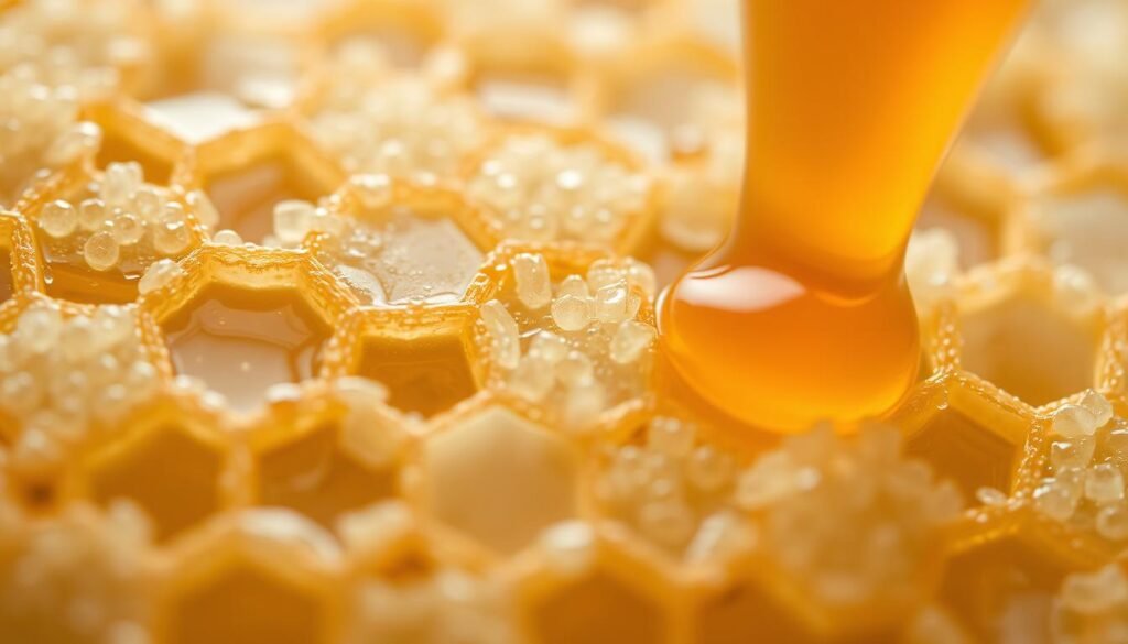 A close-up view of crystallized honey, with delicate, intricate patterns of hexagonal structures forming across the surface. The crystallization process is showcased in intricate detail, capturing the various stages of growth and the interplay of light and shadow that highlights the complex geometry. The image has a crisp, high-resolution quality, with a shallow depth of field that focuses the viewer's attention on the mesmerizing, micro-level beauty of the honey's transformation. The lighting is soft and diffused, creating a serene, contemplative atmosphere that invites the viewer to appreciate the natural wonder of this process.