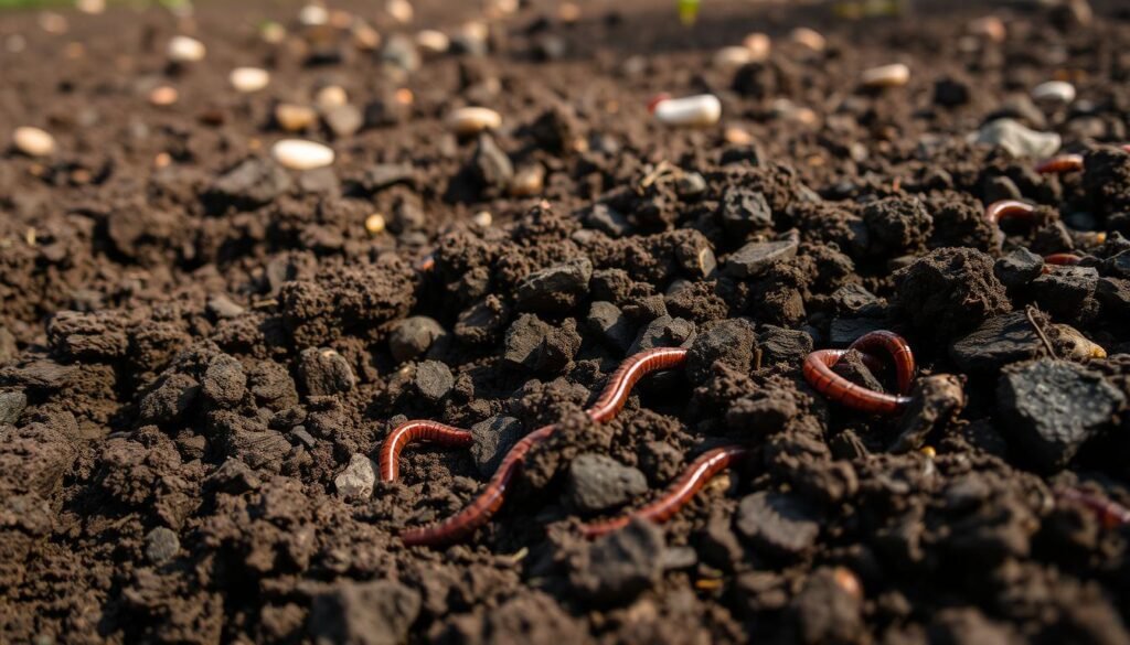 A close-up view of rich, dark soil with a mottled, crumbly texture. The foreground features freshly turned earth with visible organic matter and earthworms burrowing through. The middle ground showcases a mix of soil particles, pebbles, and small roots, while the background suggests a well-tilled garden bed ready for planting. Warm, diffuse natural lighting bathes the scene, highlighting the earthy tones and inviting a sense of fertile potential. The overall composition conveys the importance of soil health and preparation for a successful gardening season.