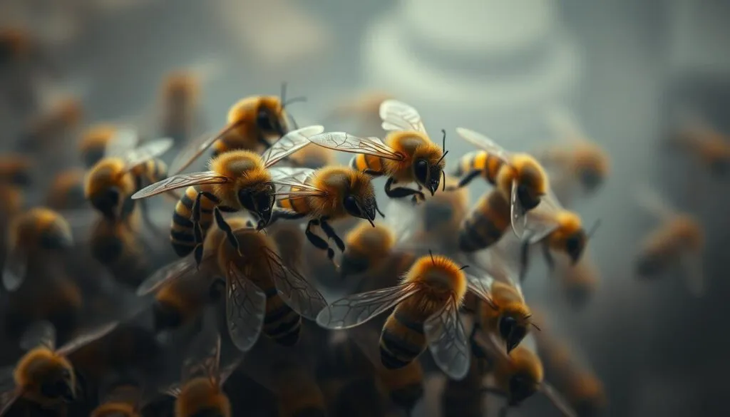 A close-up view of several honeybees surrounded by a hazy, noise-filled environment. The bees appear agitated, their wings fluttering rapidly as they navigate the chaotic soundscape. The background is a blur of muted colors, with faint outlines of industrial machinery or urban infrastructure suggesting the source of the noise pollution. Soft, muted lighting casts a somber, unsettling mood, while the bees' movements convey a sense of distress and disorientation. The overall composition emphasizes the juxtaposition between the delicate, natural beauty of the bees and the harsh, man-made intrusion of noise that disrupts their sensitive behaviors. A close-up view of several honeybees surrounded by a hazy, noise-filled environment