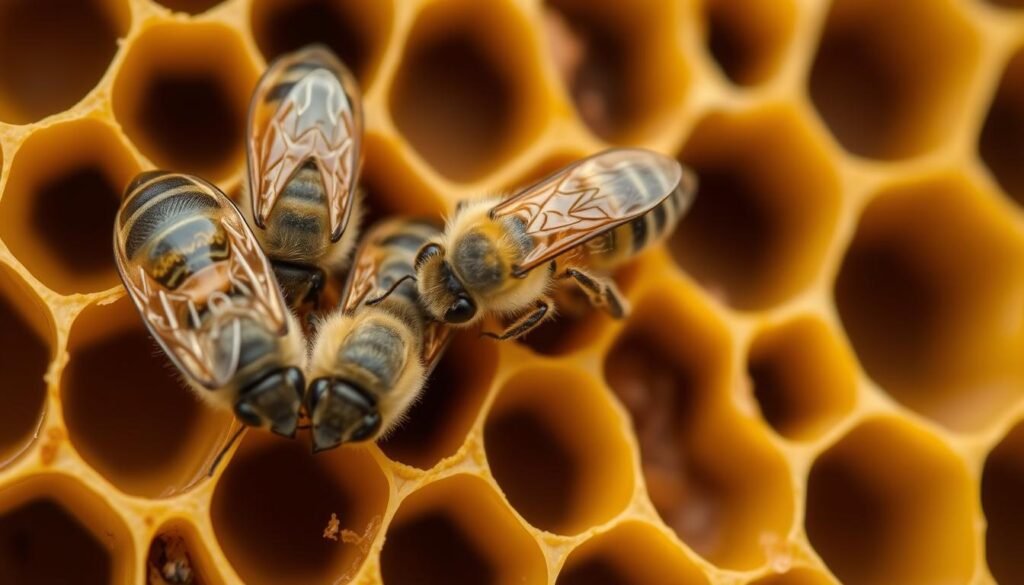 A close-up view of several queen bee cells, their distinctive elongated shape and textured surface visible. The cells are nestled amongst a network of honeycomb, showcasing the intricate architecture and organization of the beehive. The lighting is soft and natural, accentuating the warm, golden tones of the wax. The depth of field is shallow, placing the queen cells in sharp focus while the background honeycomb remains subtly blurred, directing the viewer's attention to the central subject. The overall composition conveys a sense of precision, industriousness, and the essential role of queen bees in the success of a beekeeping operation.