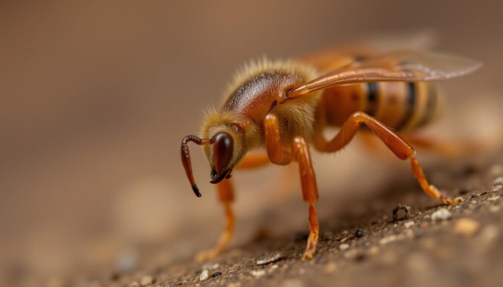 A close-up view of the varroa mite, a parasitic pest that infests honey bee colonies. The mite is shown with its distinctive flattened oval shape, reddish-brown color, and eight legs. The image captures the mite's detailed anatomy, including its piercing mouthparts used to feed on the bees' bodily fluids. The mite is depicted against a blurred, out-of-focus background to emphasize its small size and the threat it poses to the hive. The lighting is soft and diffused, creating subtle shadows that accentuate the mite's textured body. The camera angle is slightly tilted to give the viewer a dynamic, up-close perspective of this invasive pest.