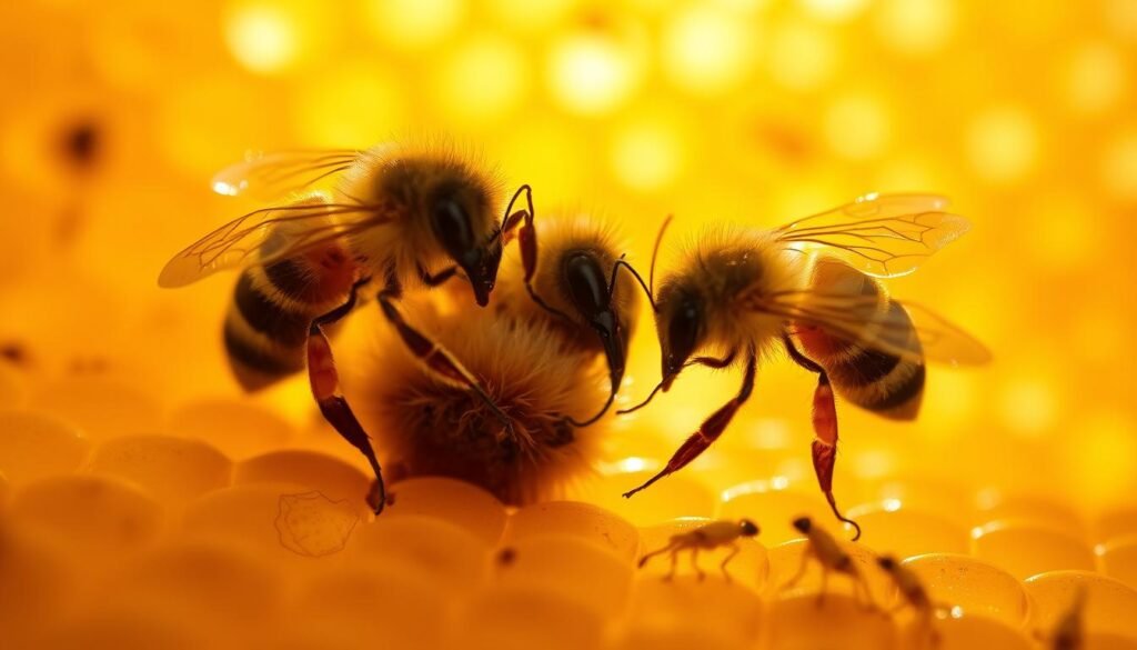A close-up view of two Varroa mites meticulously examining a honey bee worker in a pristine beehive. The mites are shown in striking detail, their translucent bodies and segmented legs magnified against the bee's fuzzy thorax. The hive's interior is bathed in a warm, golden glow from the natural sunlight filtering through the entrance, casting soft shadows that highlight the textured comb structures. The scene conveys a sense of quiet scientific observation, inviting the viewer to closely inspect these tiny yet formidable parasites that pose a constant threat to the health of the colony.