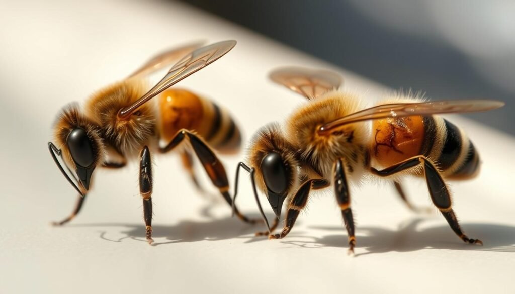 A close-up view of two honey bees in a diagnostic setting. The bees are placed on a light-colored surface, with a blurred, out-of-focus background. Soft, natural lighting casts gentle shadows, highlighting the intricate details of the bees' bodies. One bee appears healthy, while the other exhibits signs of Nosema infection, such as a swollen abdomen or discoloration. The composition emphasizes the comparative analysis between the two specimens, guiding the viewer's attention to the key differences in their physical characteristics. The mood is one of scientific inquiry and observation, with a sense of clinical precision and attention to detail.