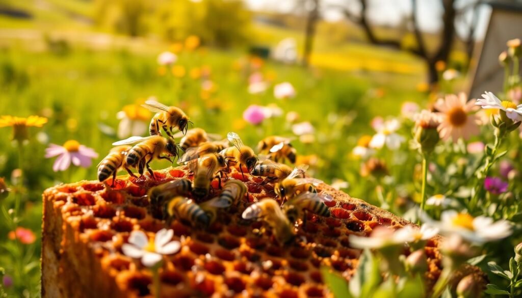 A close-up view of varroa monitoring bees in a vibrant spring garden. In the foreground, a cluster of honeybees can be seen interacting with a honeycomb, with some bees exhibiting signs of varroa mites. The middle ground features blooming wildflowers and bee-friendly plants, bathed in warm, golden sunlight, creating a lively atmosphere. The background shows a gently blurred landscape of lush greenery and trees, enhancing the focus on the bees. The image is composed with a shallow depth of field, capturing the intricate details of the bees and their hive within a natural, sunlit environment, emphasizing the importance of varroa mite management in beekeeping.