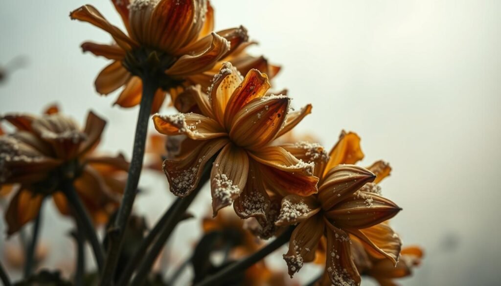 A closeup view of wilted and discolored flowers, their petals coated in a fine layer of ash and dusted with pesticide granules. The blossoms are set against a hazy, smoke-filled backdrop, hinting at the aftermath of a recent wildfire. The lighting is soft and diffuse, creating a melancholic, post-apocalyptic atmosphere. The camera angle is low, emphasizing the fragility and vulnerability of the damaged flora. The depth of field is shallow, focusing the viewer's attention on the disturbing contrast between the delicate flowers and the harsh environmental stressors they face.