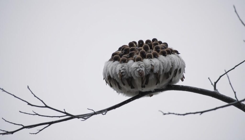 A cluster of birds huddled together on a barren tree branch, wings tucked close to their bodies, creating a fluffy, spherical mass against a muted, winter-gray sky. The birds are tightly packed, their feathers ruffled, creating a unique silhouette that reflects their collective behavior to conserve heat in the chilly, overcast conditions. The image is shot from a slight angle, capturing the organic, sculptural form of the cluster, with a shallow depth of field that softly blurs the background, emphasizing the main subject. The overall mood is contemplative, highlighting the birds' adaptation to the harsh winter environment through their collective thermoregulation strategy.