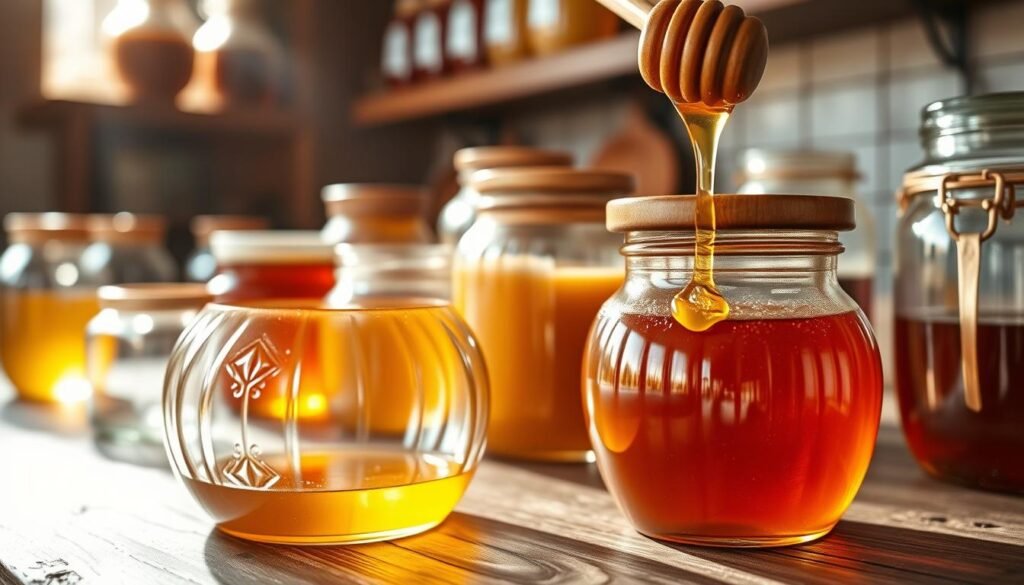 A collection of elegant glass jars of varying shapes and sizes, filled with golden honey, displayed on a rustic wooden table. In the foreground, a close-up of a beautifully crafted, round jar with a polished wooden lid, glistening in soft, natural light. The middle ground features additional jars, some with honey drizzling from a honey dipper, showcasing the rich texture and color of the honey. The background is softly blurred, hinting at a cozy kitchen setting with shelves that hold jars of different types, emphasizing a warm and inviting atmosphere. The lighting is warm and inviting, with a slight sunbeam illuminating the jars, enhancing their sparkling surfaces and creating intricate reflections. A tranquil, rustic vibe pervades the scene, ideal for portraying the beauty of glass packaging for honey.